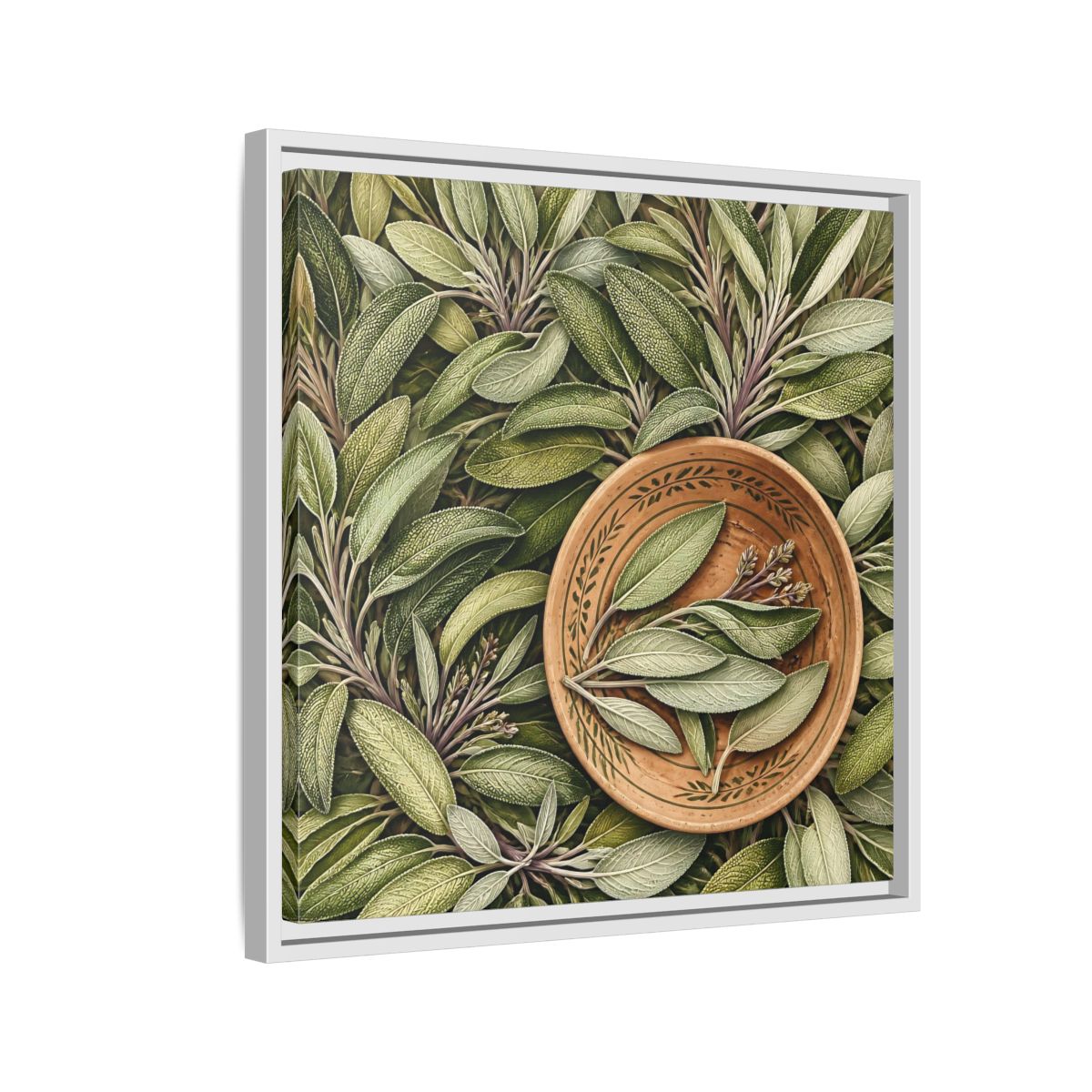 Side Mockup 10. Nature Sage Leaves Green And Brown shown as stretched canvas wall art