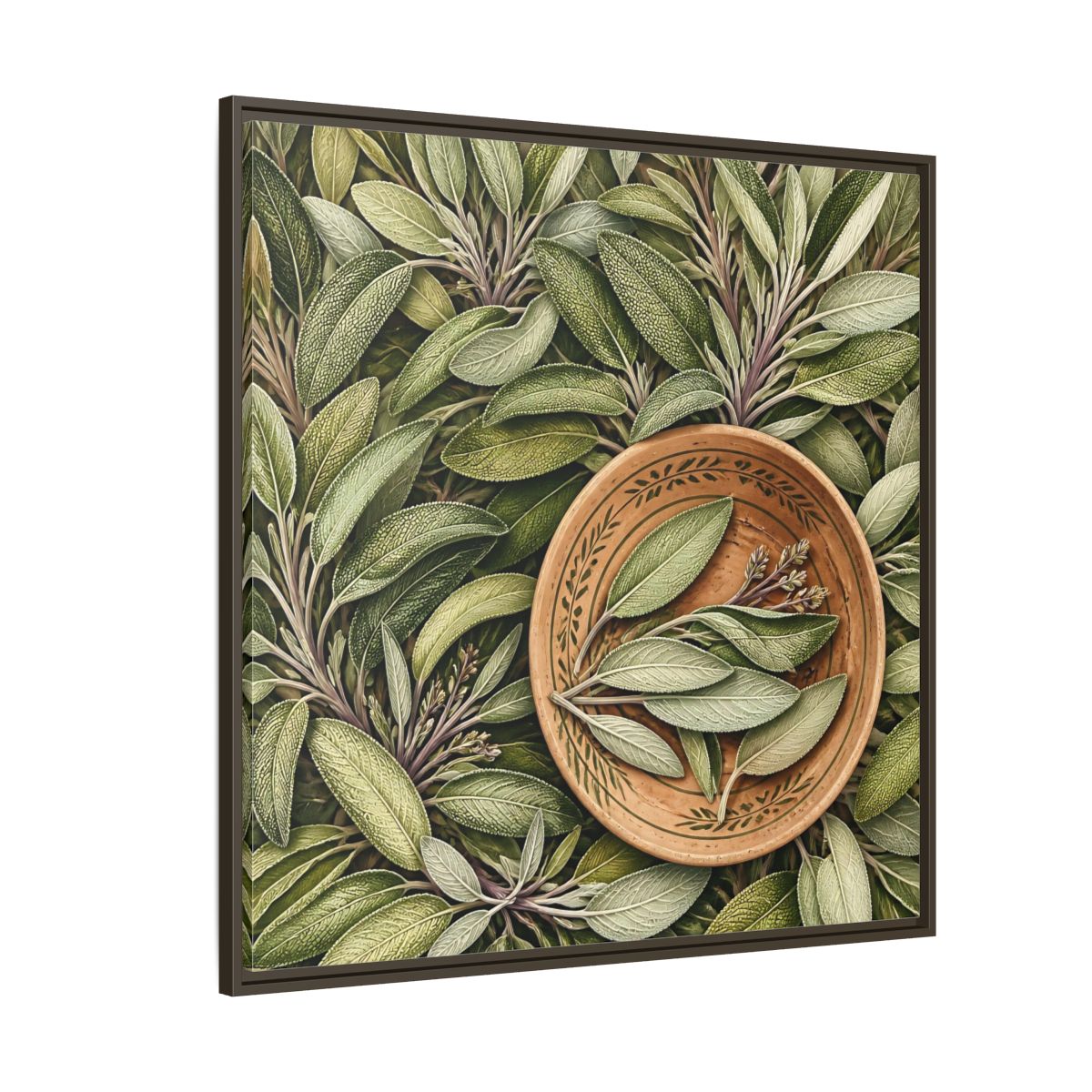 Side Mockup 5. Nature Sage Leaves Green And Brown shown as stretched canvas wall art