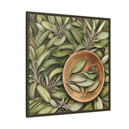 Side Mockup 5. Nature Sage Leaves Green And Brown shown as stretched canvas wall art