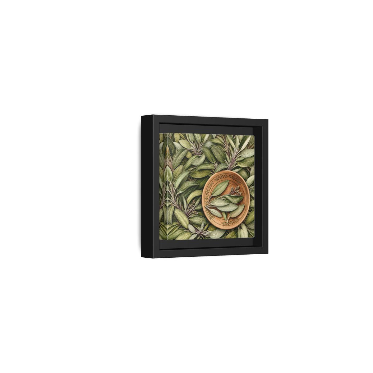 Side Mockup 24. Nature Sage Leaves Green And Brown shown as stretched canvas wall art