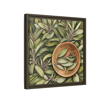 Side Mockup 14. Nature Sage Leaves Green And Brown shown as stretched canvas wall art