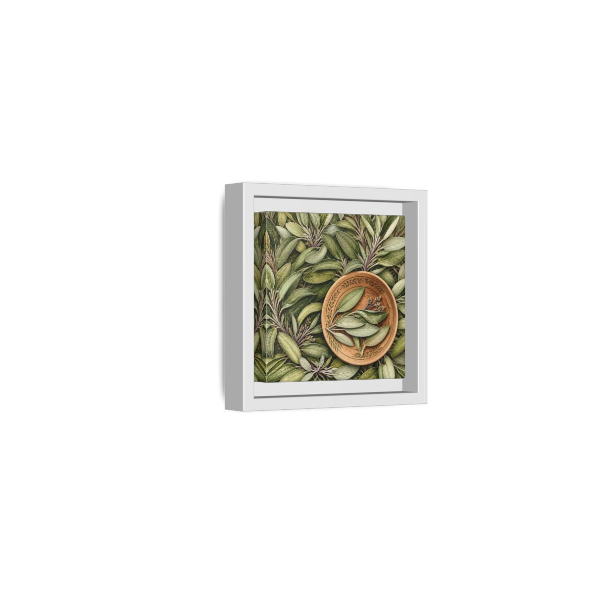 Side Mockup 22. Nature Sage Leaves Green And Brown shown as stretched canvas wall art