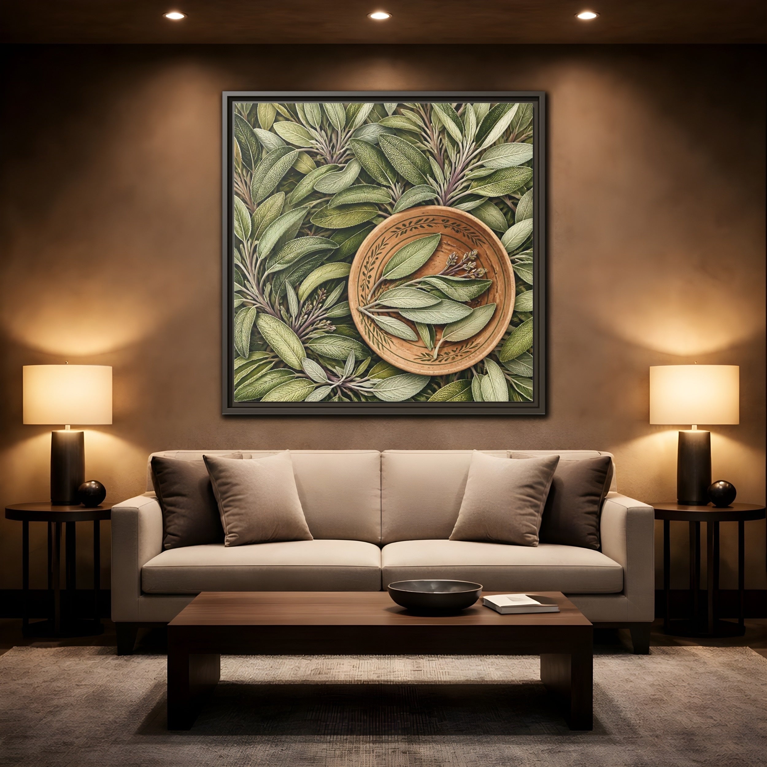 Mockup 2. Nature Sage Leaves Green And Brown shown as stretched canvas wall art