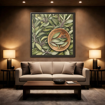 Mockup 2. Nature Sage Leaves Green And Brown shown as stretched canvas wall art
