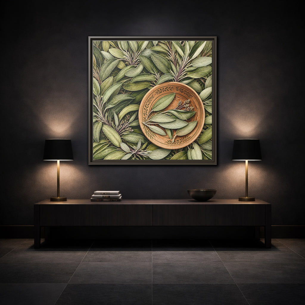 Mockup 3. Nature Sage Leaves Green And Brown shown as stretched canvas wall art