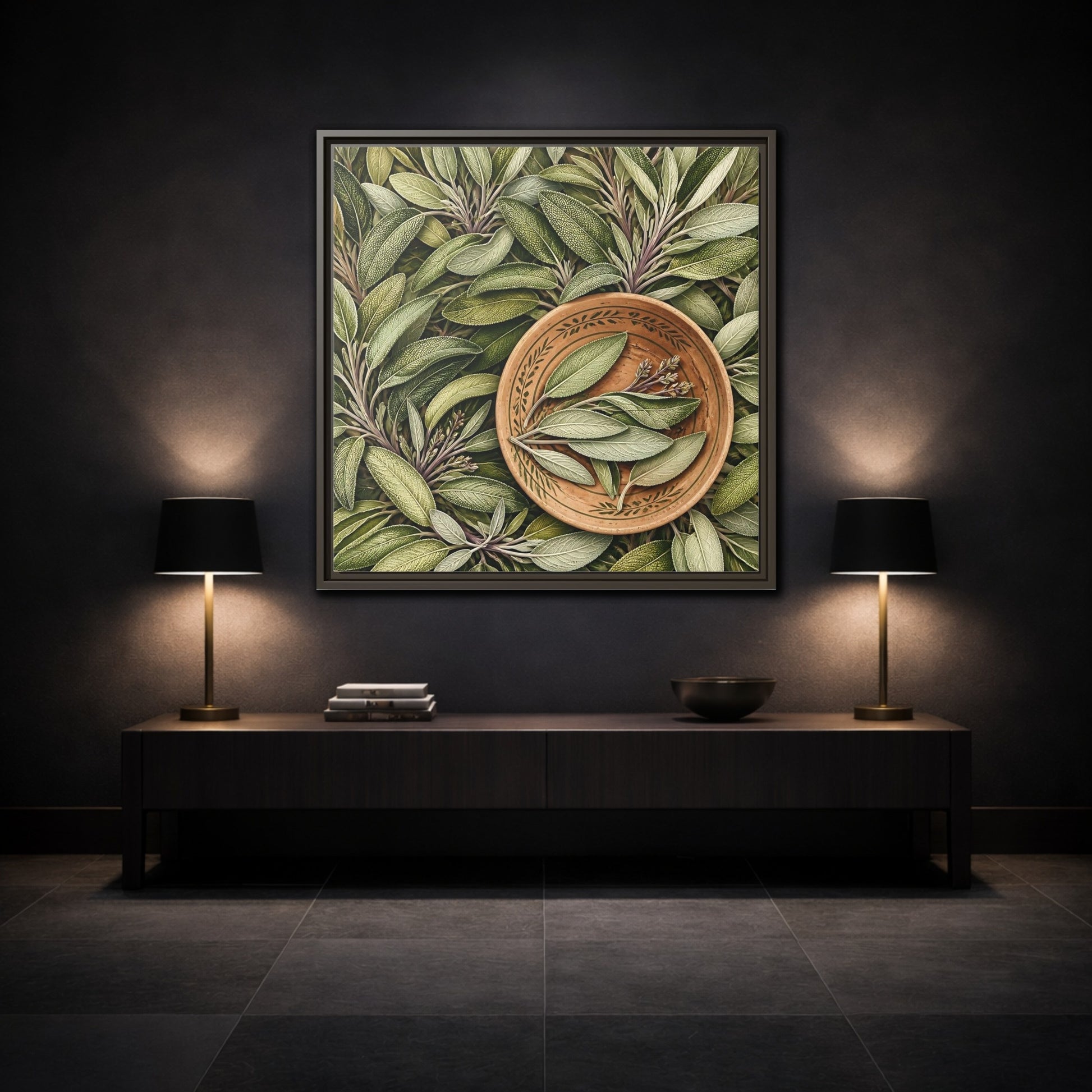 Mockup 3. Nature Sage Leaves Green And Brown shown as stretched canvas wall art