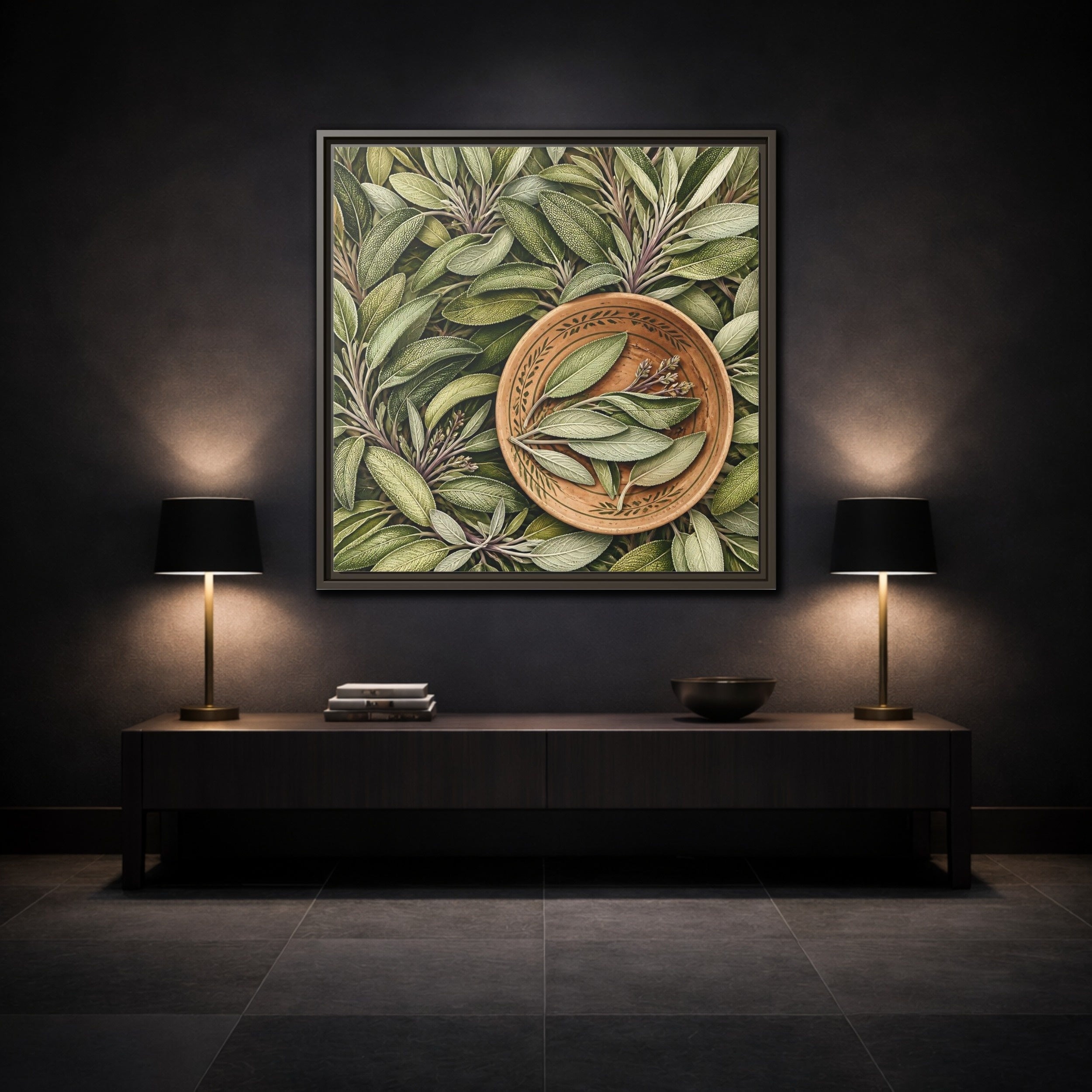 Mockup 3. Nature Sage Leaves Green And Brown shown as stretched canvas wall art