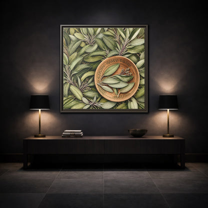 Mockup 3. Nature Sage Leaves Green And Brown shown as stretched canvas wall art