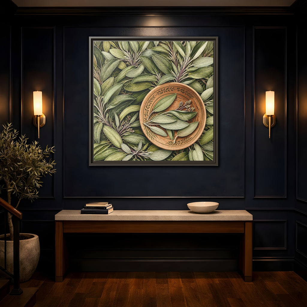 Mockup 4. Nature Sage Leaves Green And Brown shown as stretched canvas wall art