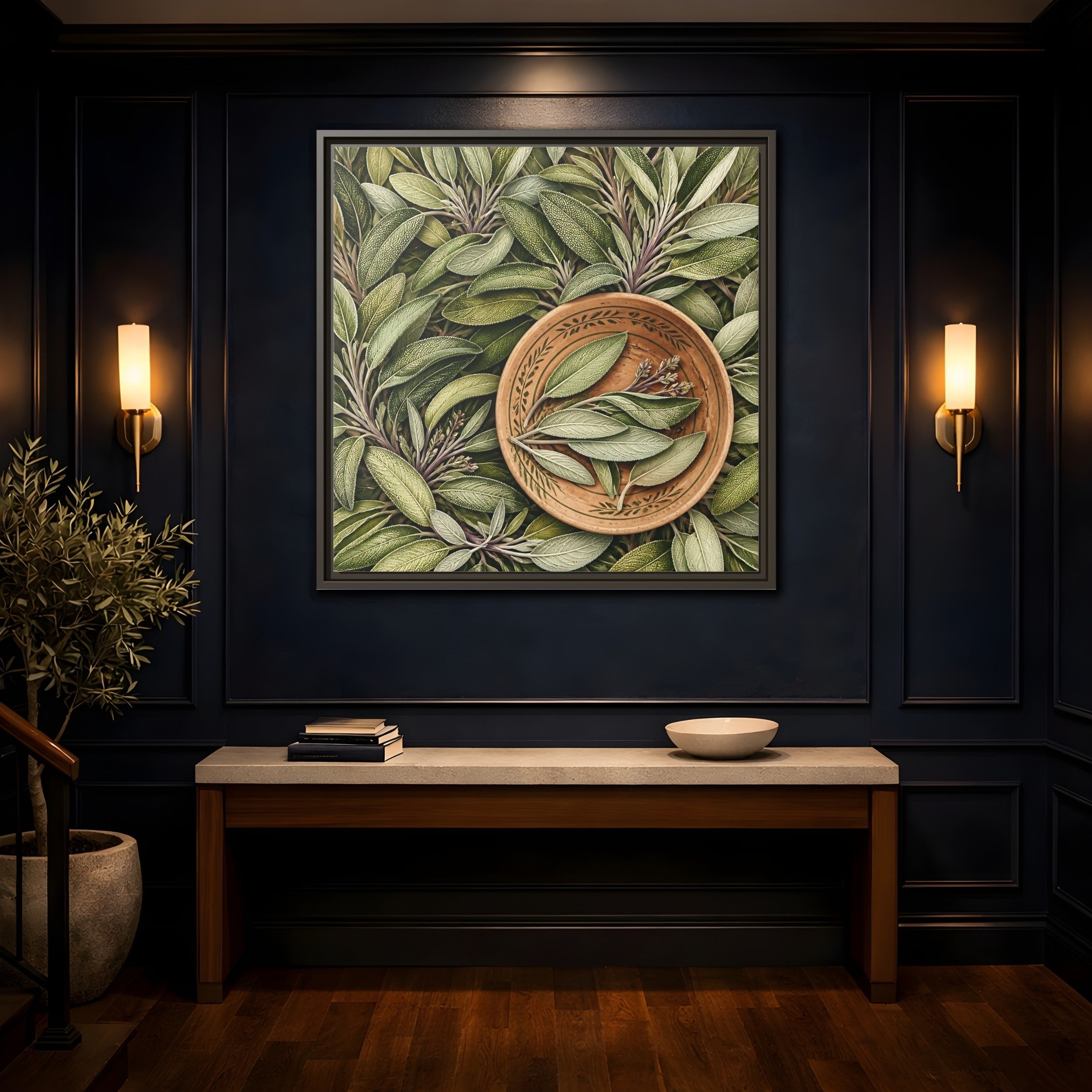 Mockup 4. Nature Sage Leaves Green And Brown shown as stretched canvas wall art