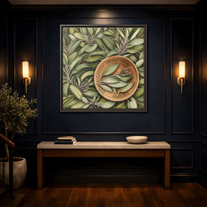 Mockup 4. Nature Sage Leaves Green And Brown shown as stretched canvas wall art