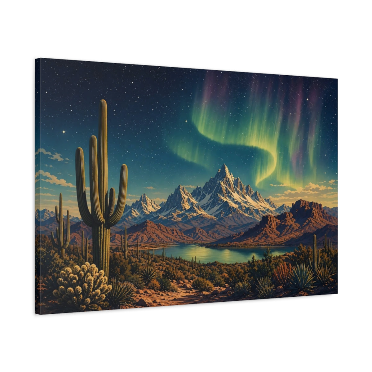 Main Mockup. Nature Saguaro Cactus Desert Night Aurora shown as stretched canvas wall art