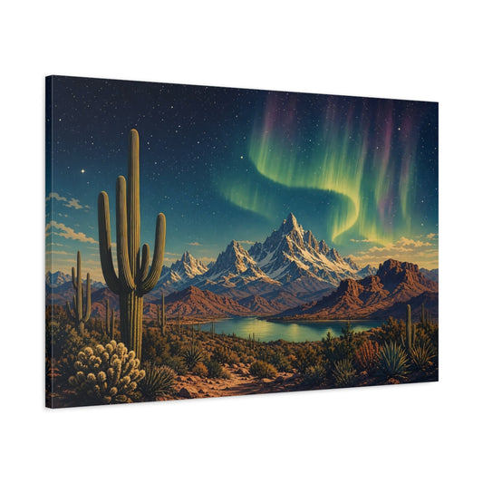 Main Mockup. Nature Saguaro Cactus Desert Night Aurora shown as stretched canvas wall art