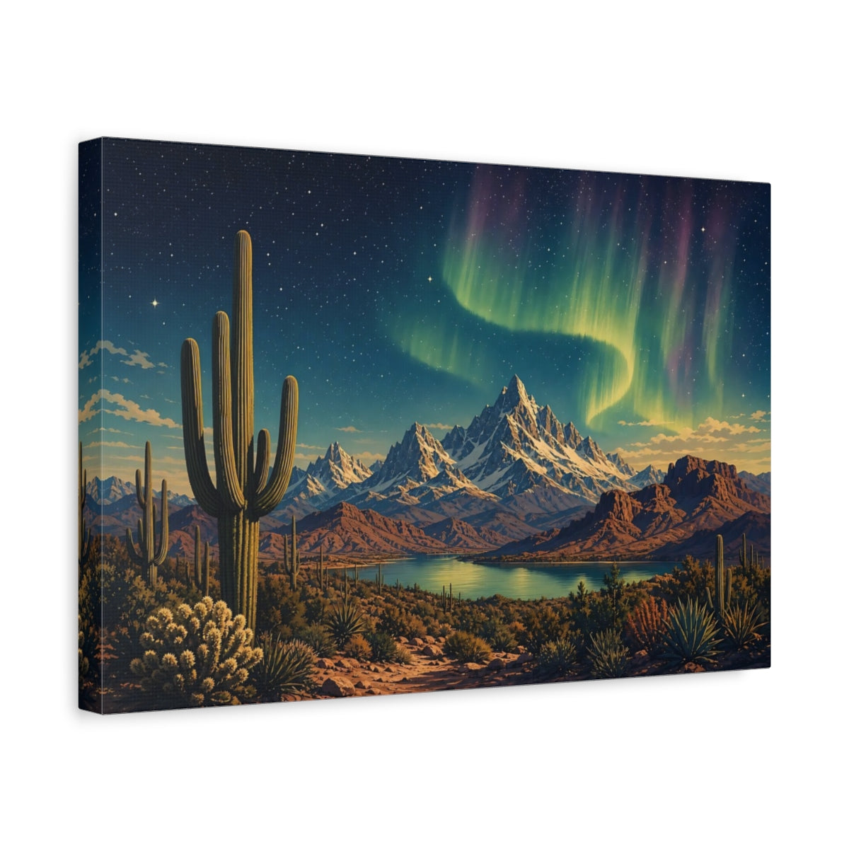 Side Mockup 4. Nature Saguaro Cactus Desert Night Aurora shown as stretched canvas wall art