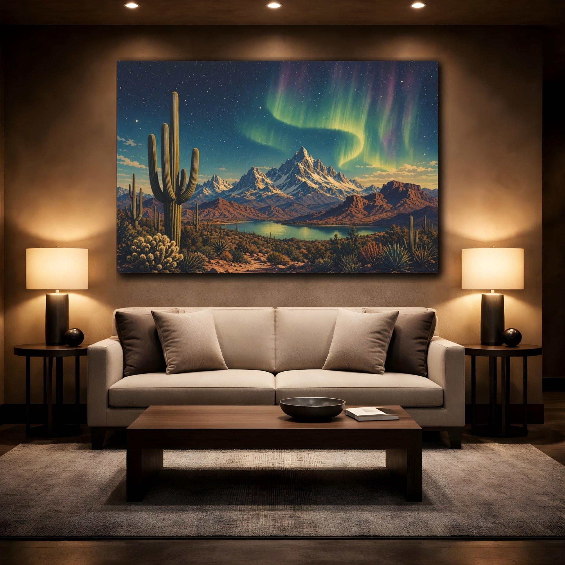 Mockup 2. Nature Saguaro Cactus Desert Night Aurora shown as stretched canvas wall art