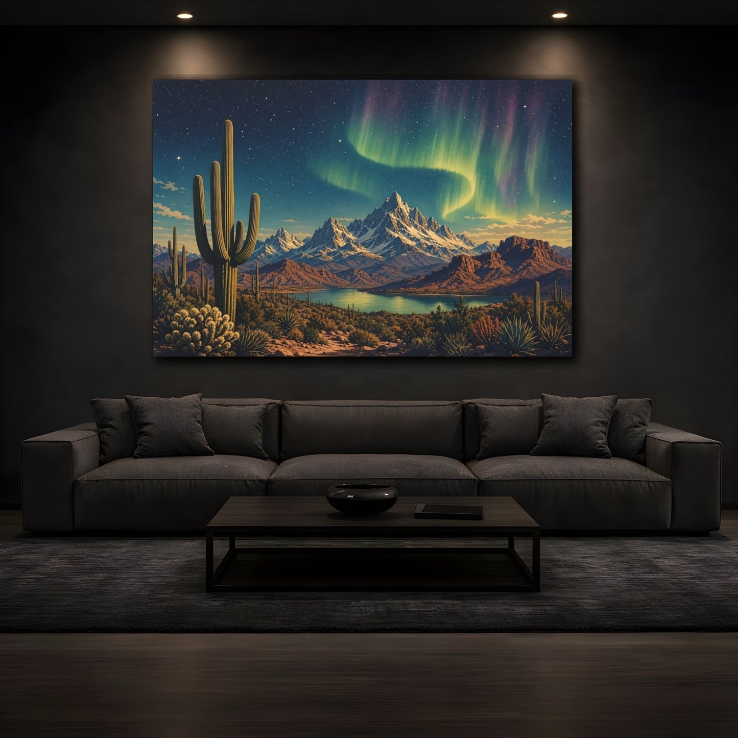 Mockup 3. Nature Saguaro Cactus Desert Night Aurora shown as stretched canvas wall art