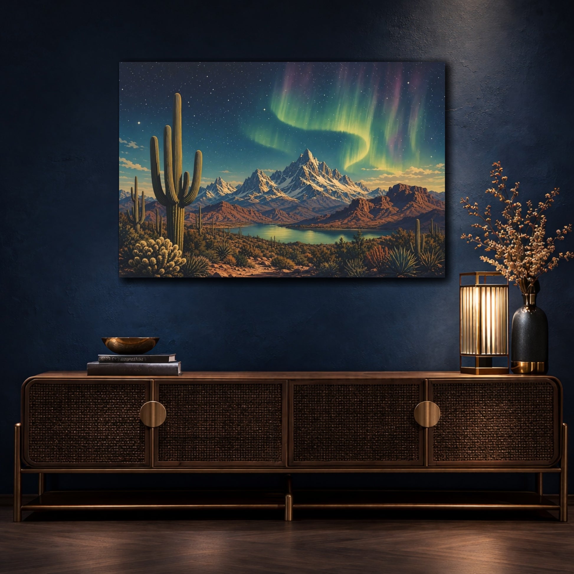 Mockup 4. Nature Saguaro Cactus Desert Night Aurora shown as stretched canvas wall art