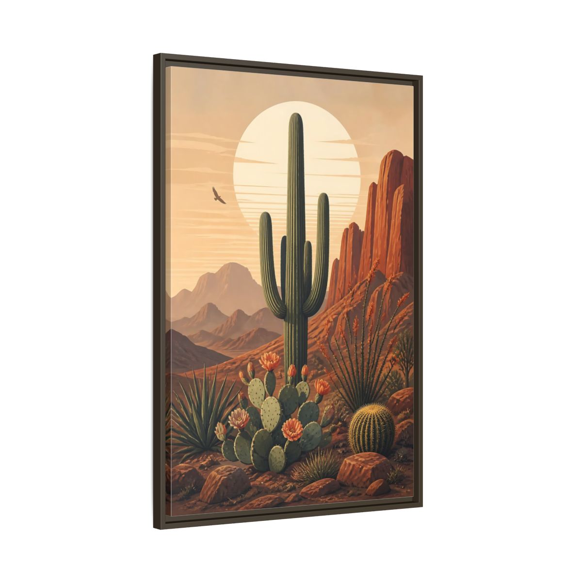 Nature Saguaro Cactus Desert Sunset Cacti Framed Canvas Wall Art - Illustrative Living Room shown as canvas wall art