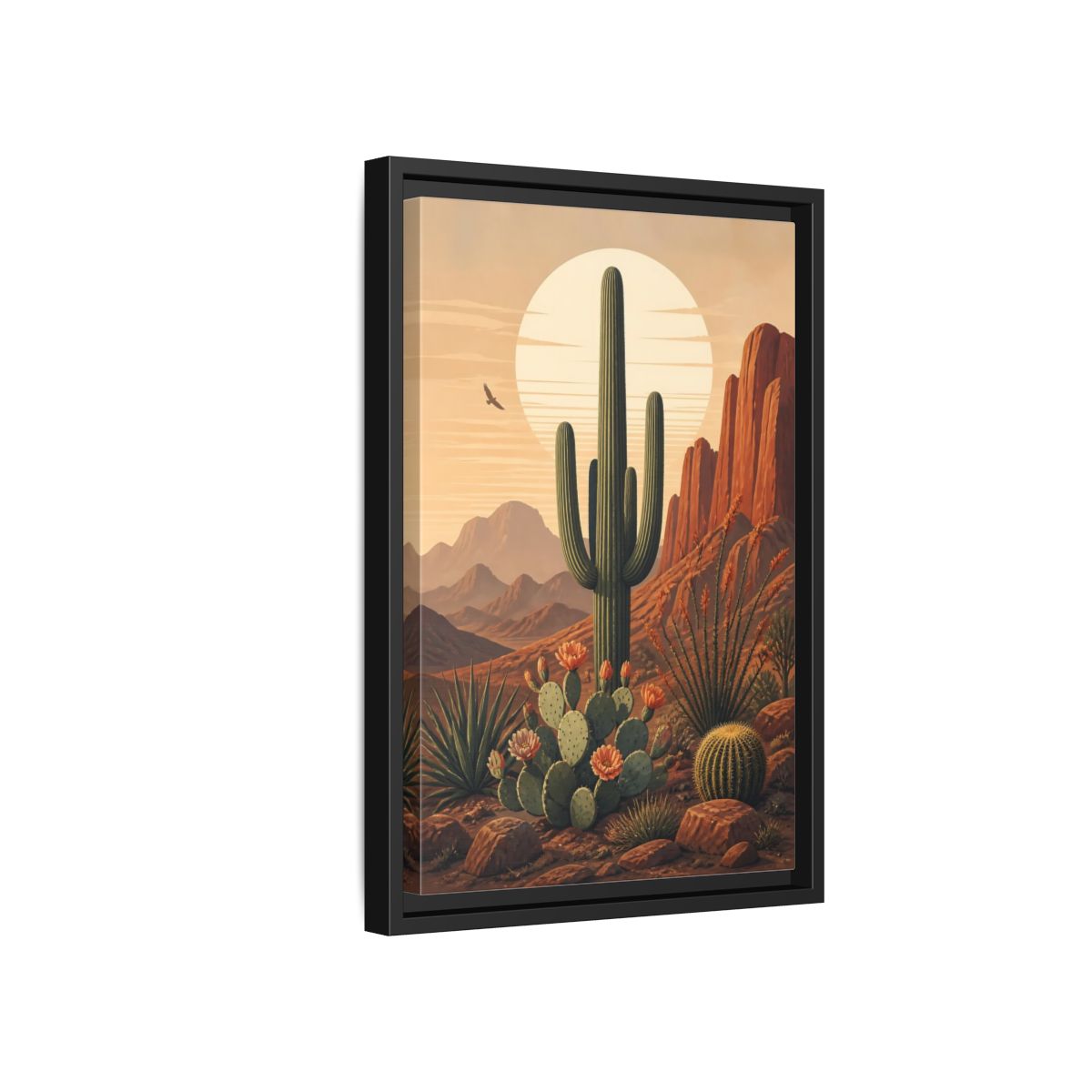 Nature Saguaro Cactus Desert Sunset Cacti Framed Canvas Wall Art - Illustrative Living Room shown as canvas wall art