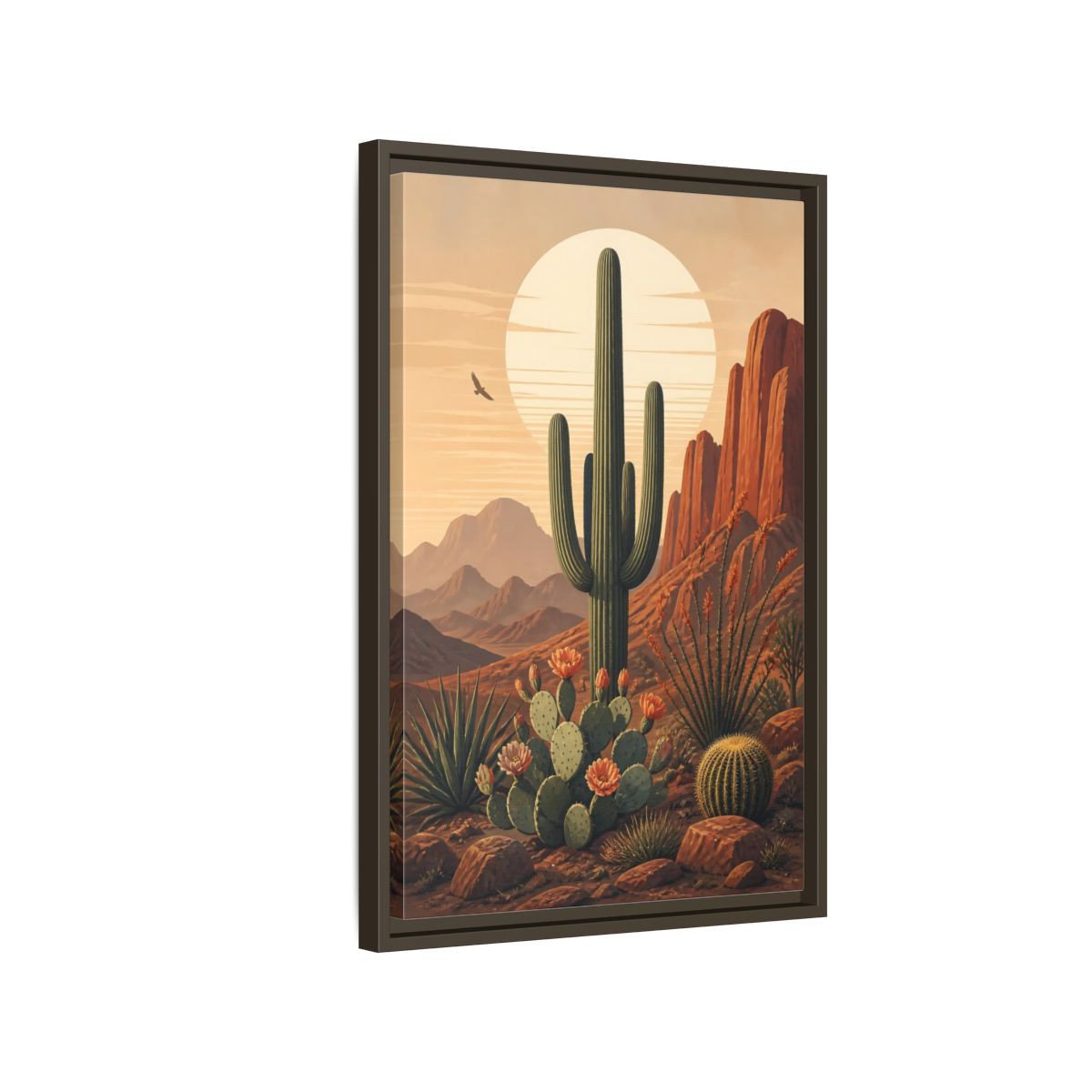 Nature Saguaro Cactus Desert Sunset Cacti Framed Canvas Wall Art - Illustrative Living Room shown as canvas wall art