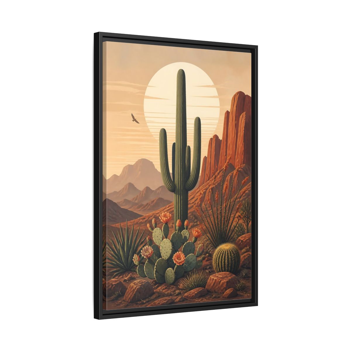 Nature Saguaro Cactus Desert Sunset Cacti Framed Canvas Wall Art - Illustrative Living Room shown as canvas wall art