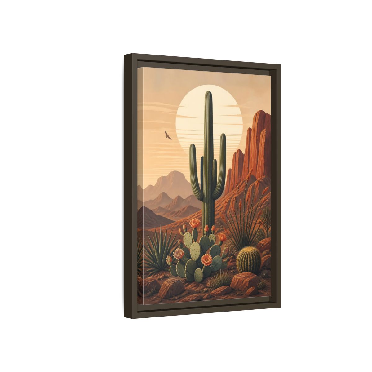 Nature Saguaro Cactus Desert Sunset Cacti Framed Canvas Wall Art - Illustrative Living Room shown as canvas wall art