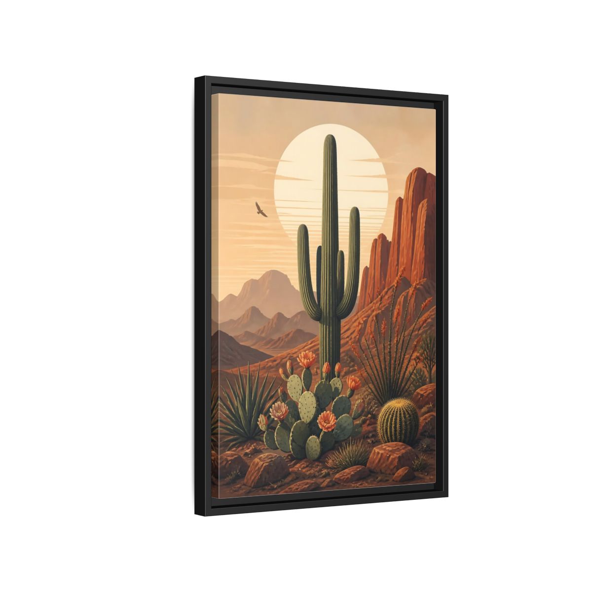 Nature Saguaro Cactus Desert Sunset Cacti Framed Canvas Wall Art - Illustrative Living Room shown as canvas wall art