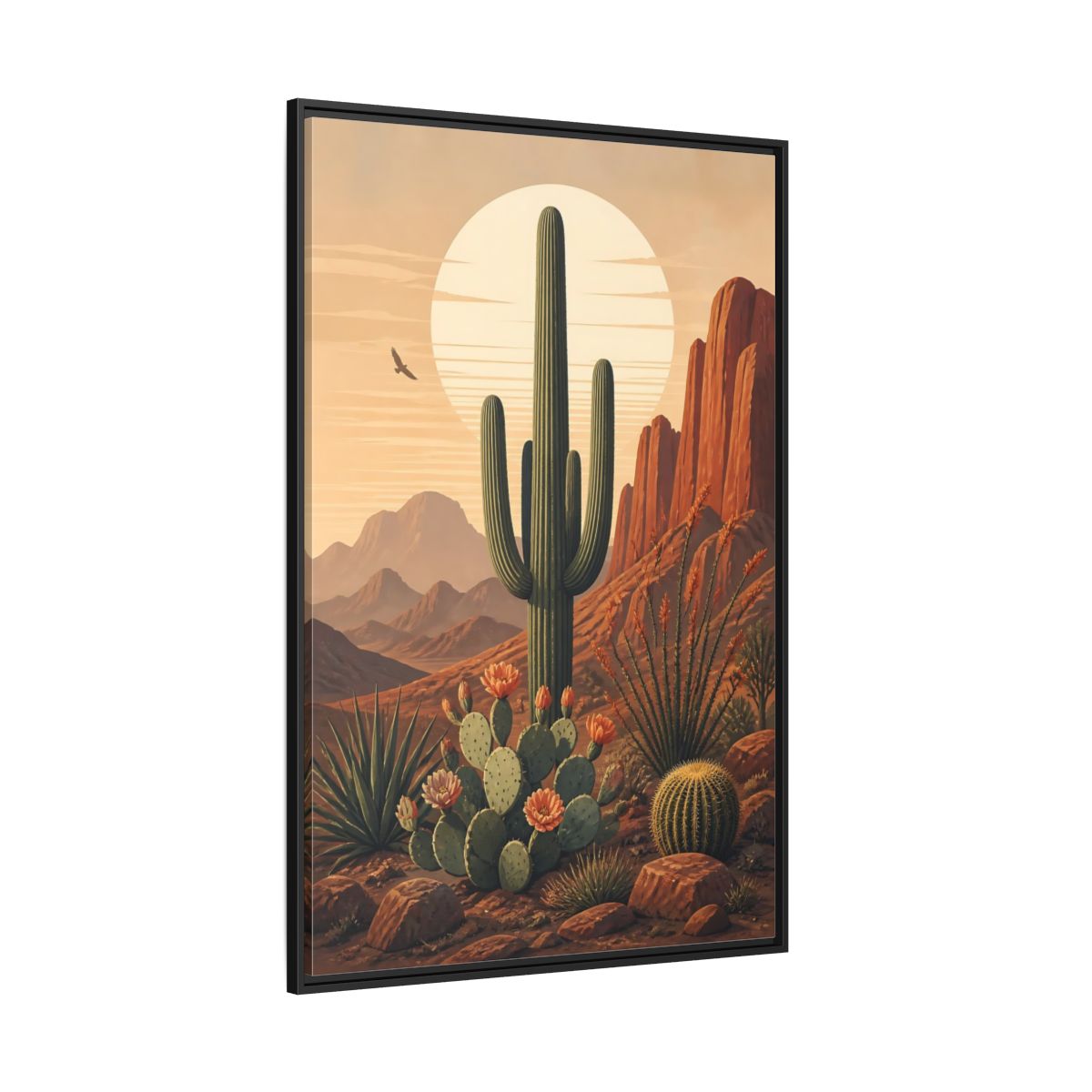 Nature Saguaro Cactus Desert Sunset Cacti Framed Canvas Wall Art - Illustrative Living Room shown as canvas wall art