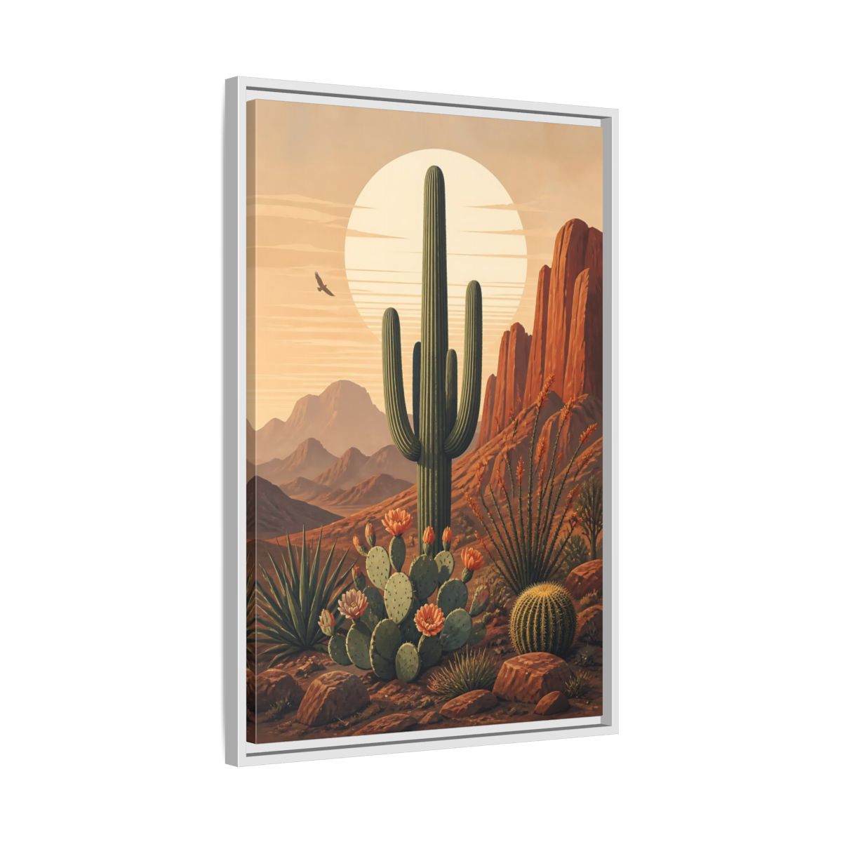 Nature Saguaro Cactus Desert Sunset Cacti Framed Canvas Wall Art - Illustrative Living Room shown as canvas wall art