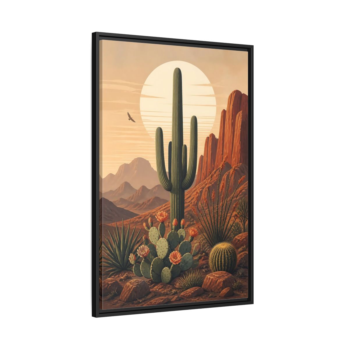Nature Saguaro Cactus Desert Sunset Cacti Framed Canvas Wall Art - Illustrative Living Room shown as canvas wall art