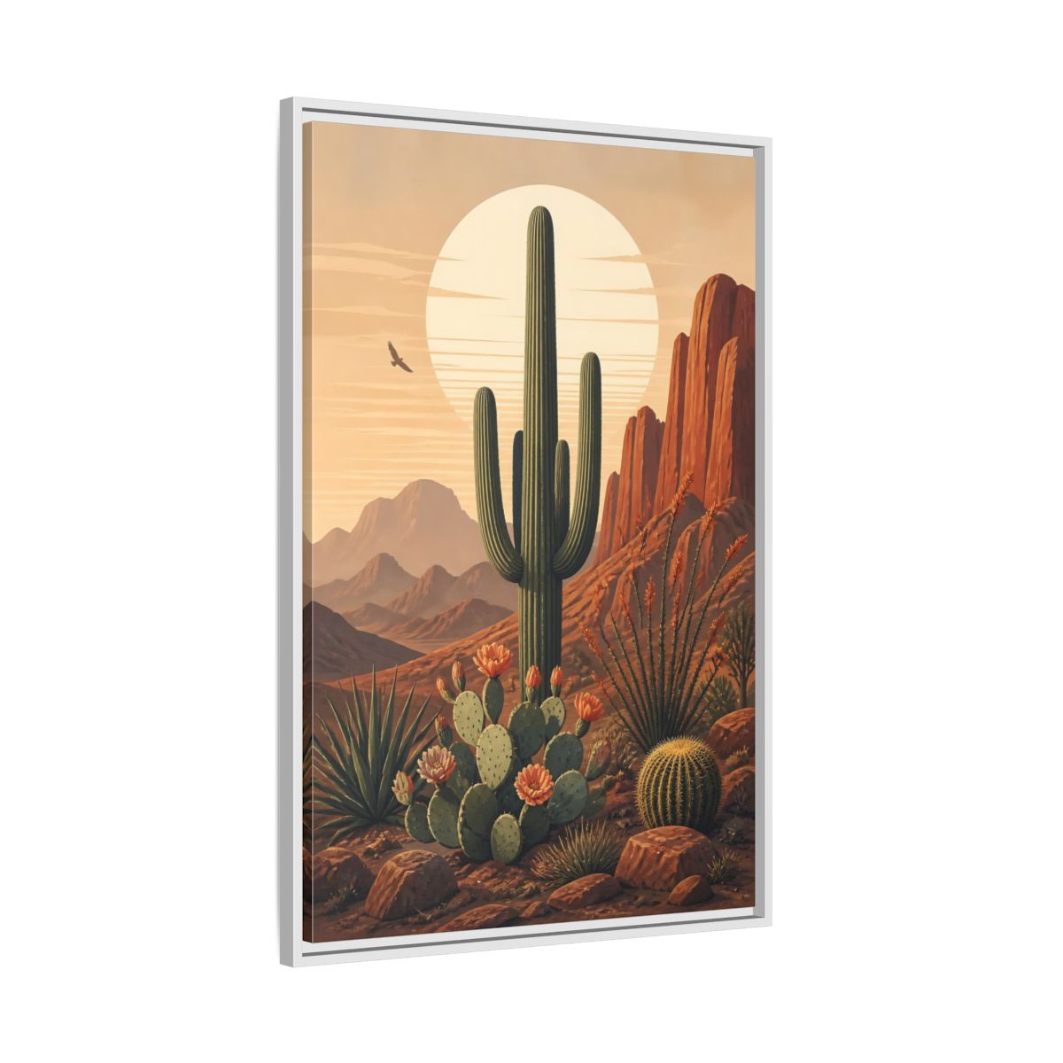 Nature Saguaro Cactus Desert Sunset Cacti Framed Canvas Wall Art - Illustrative Living Room shown as canvas wall art