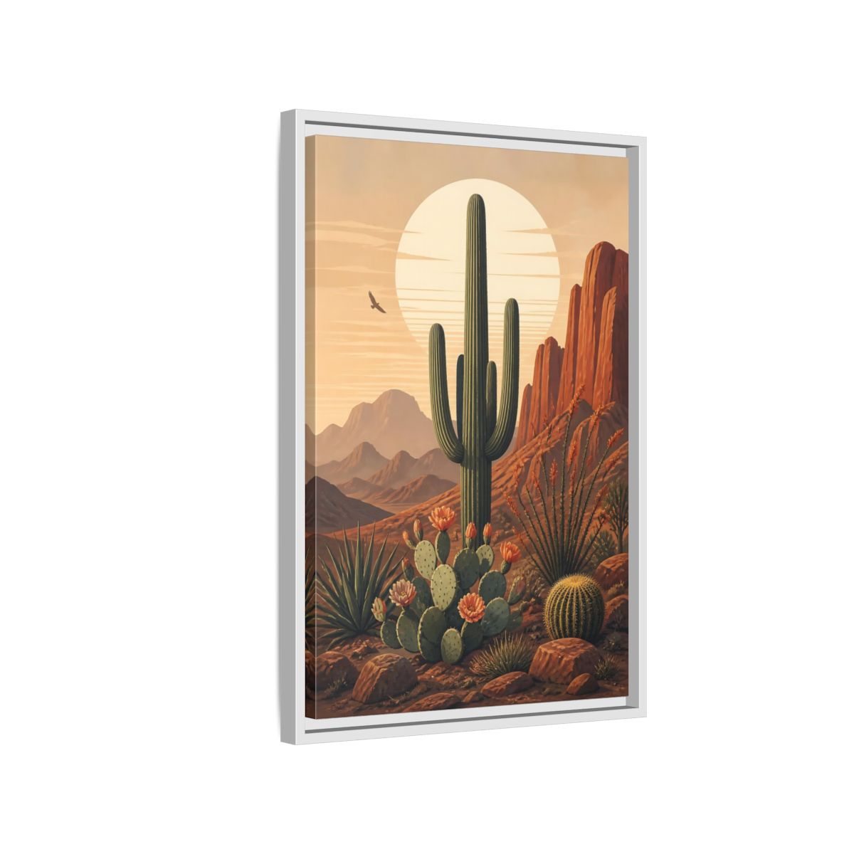 Nature Saguaro Cactus Desert Sunset Cacti Framed Canvas Wall Art - Illustrative Living Room shown as canvas wall art