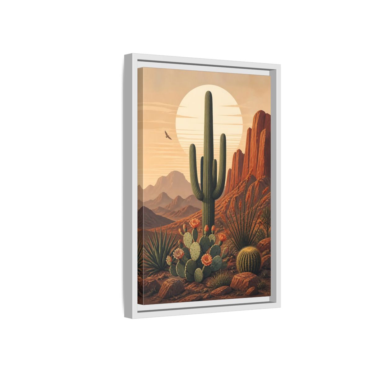 Nature Saguaro Cactus Desert Sunset Cacti Framed Canvas Wall Art - Illustrative Living Room shown as canvas wall art