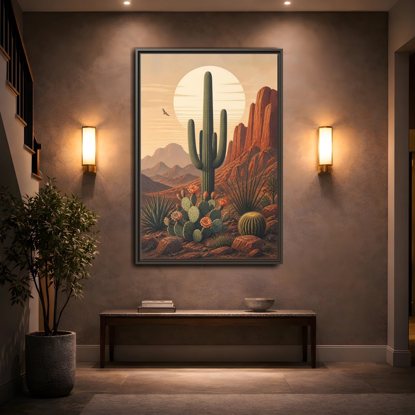 Nature Saguaro Cactus Desert Sunset Cacti Framed Canvas Wall Art - Illustrative Living Room shown as canvas wall art