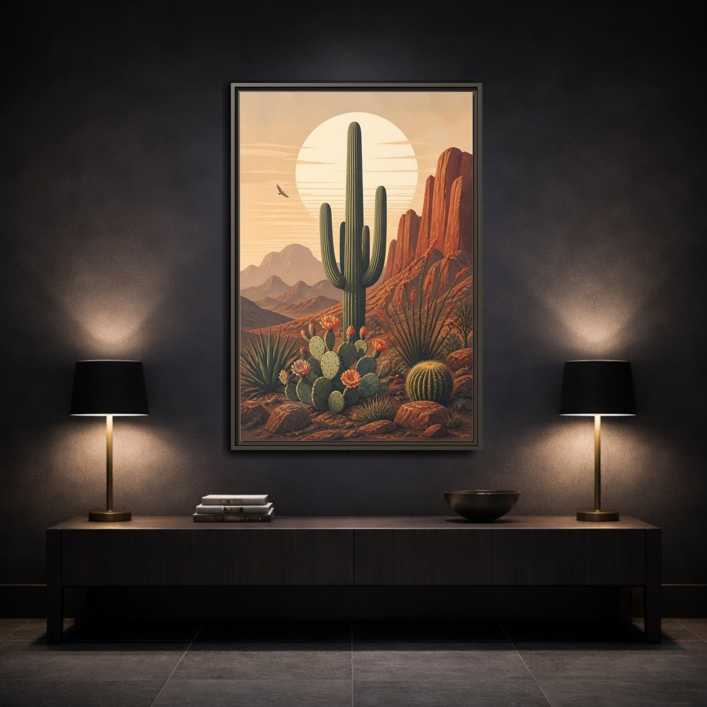 Nature Saguaro Cactus Desert Sunset Cacti Framed Canvas Wall Art - Illustrative Living Room shown as canvas wall art