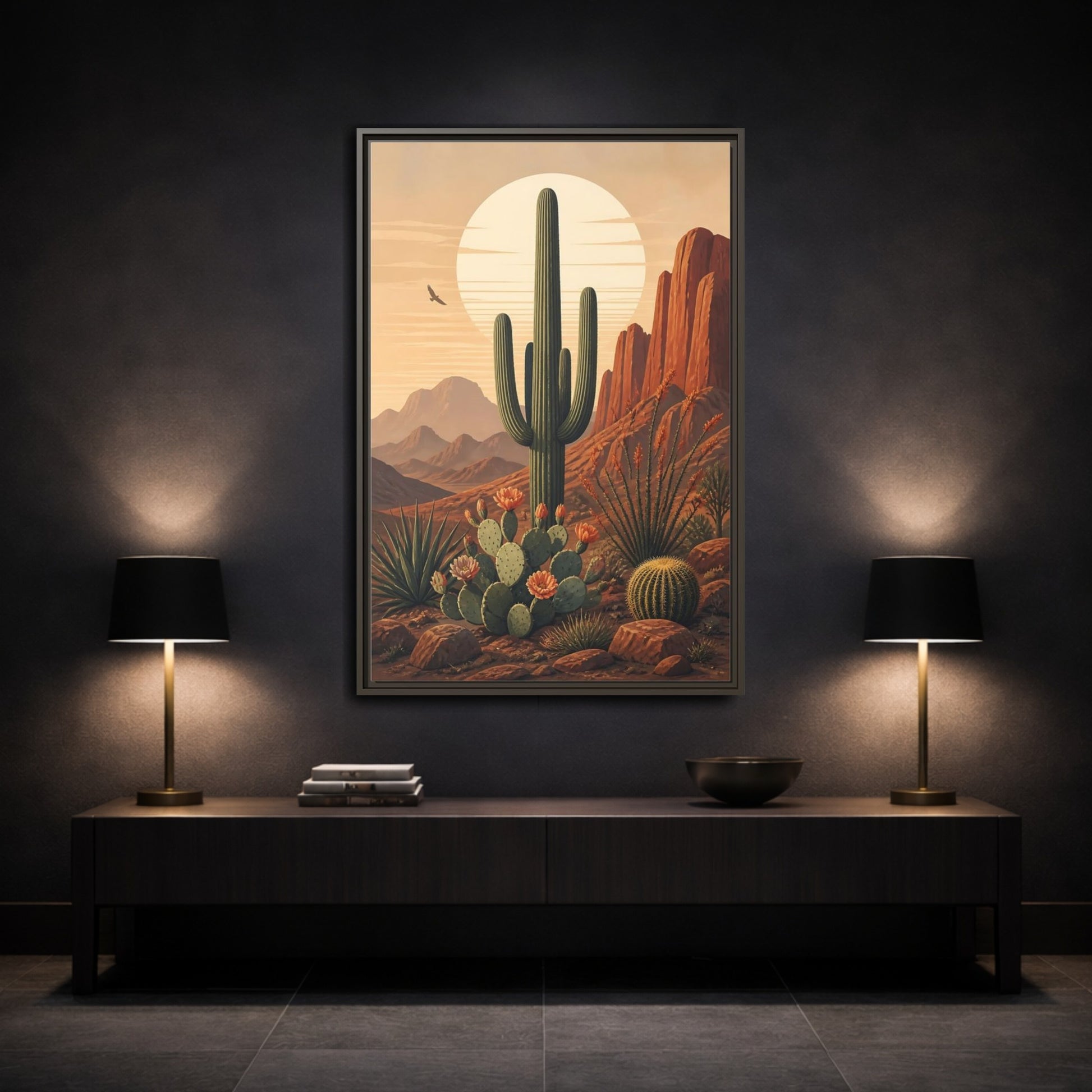 Nature Saguaro Cactus Desert Sunset Cacti Framed Canvas Wall Art - Illustrative Living Room shown as canvas wall art