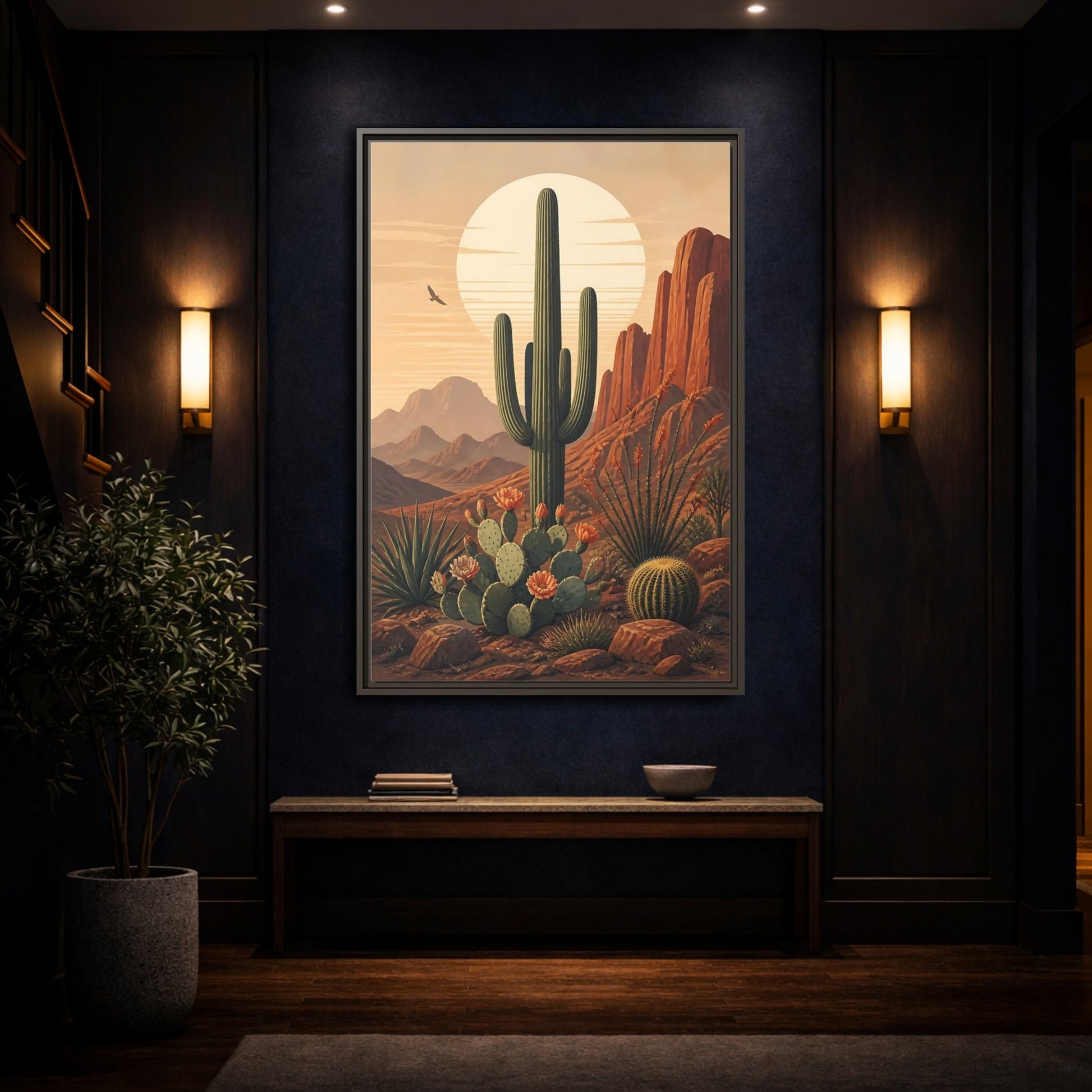 Nature Saguaro Cactus Desert Sunset Cacti Framed Canvas Wall Art - Illustrative Living Room shown as canvas wall art
