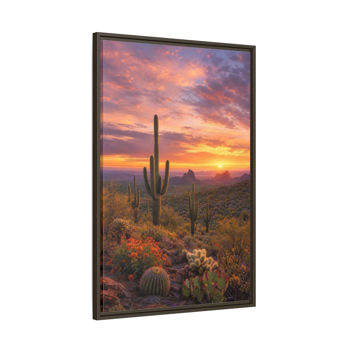 Main Mockup. Nature Saguaro Cactus Desert Sunset Cactus shown as stretched canvas wall art