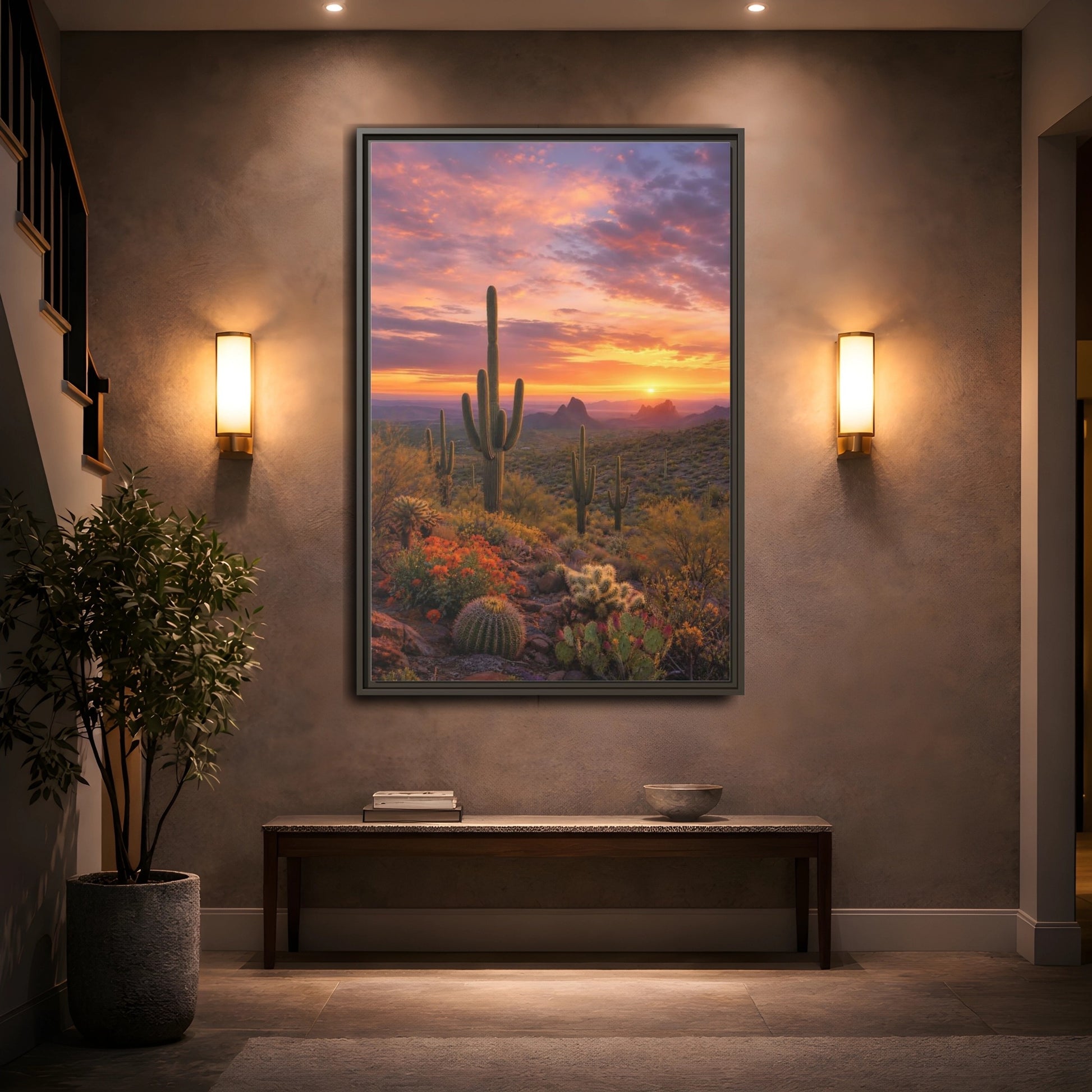 Mockup 2. Nature Saguaro Cactus Desert Sunset Cactus shown as stretched canvas wall art