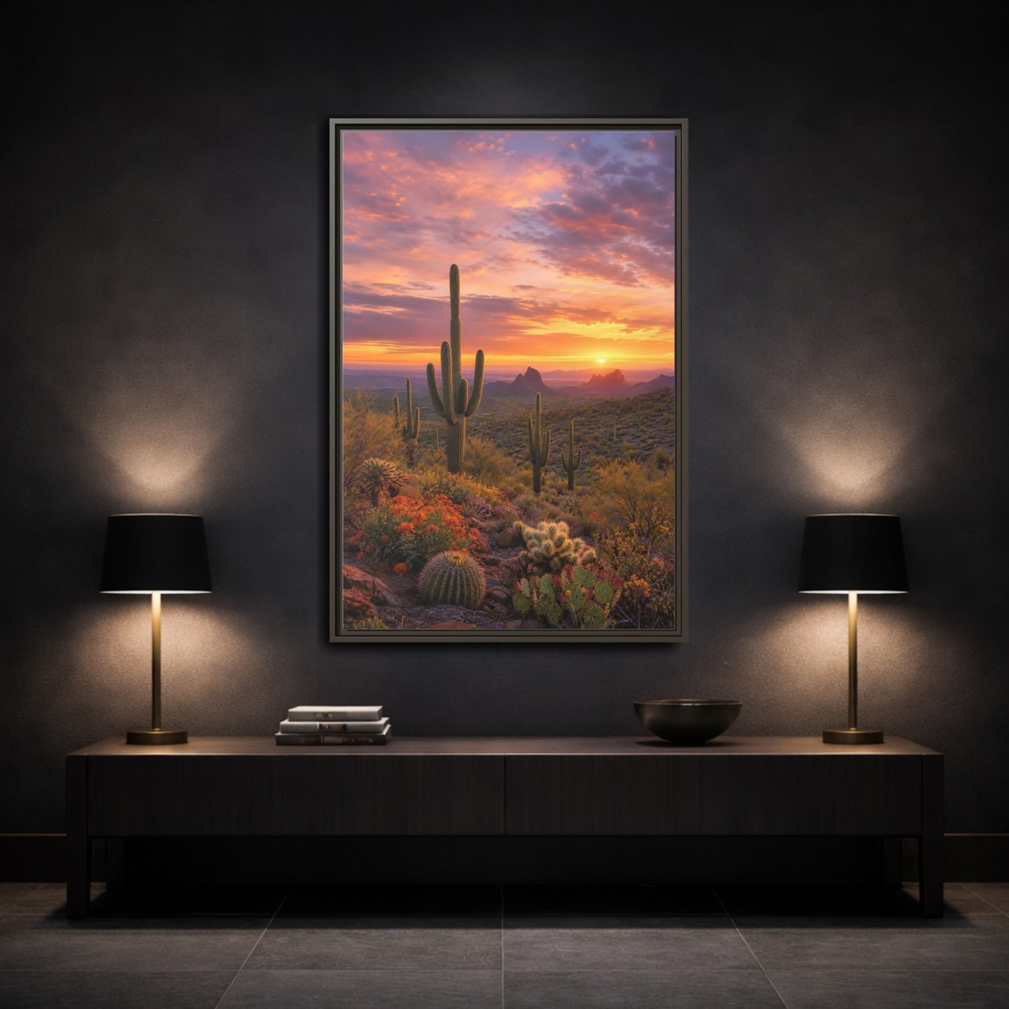 Mockup 3. Nature Saguaro Cactus Desert Sunset Cactus shown as stretched canvas wall art