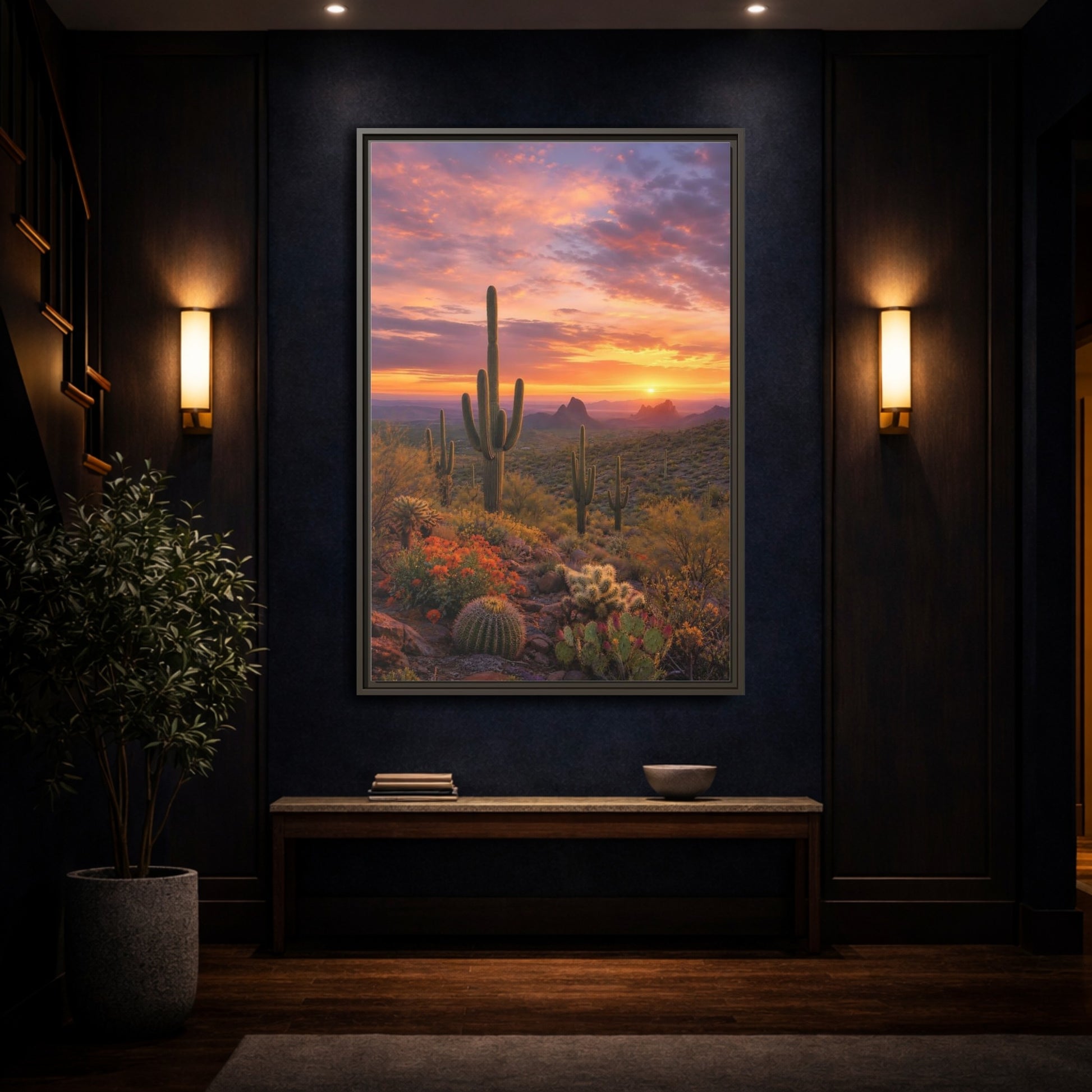 Mockup 4. Nature Saguaro Cactus Desert Sunset Cactus shown as stretched canvas wall art