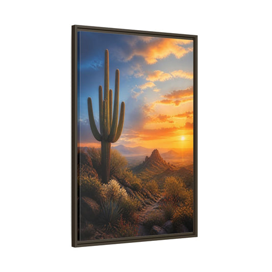 Main Mockup. Nature Saguaro Cactus Desert Sunset shown as stretched canvas wall art