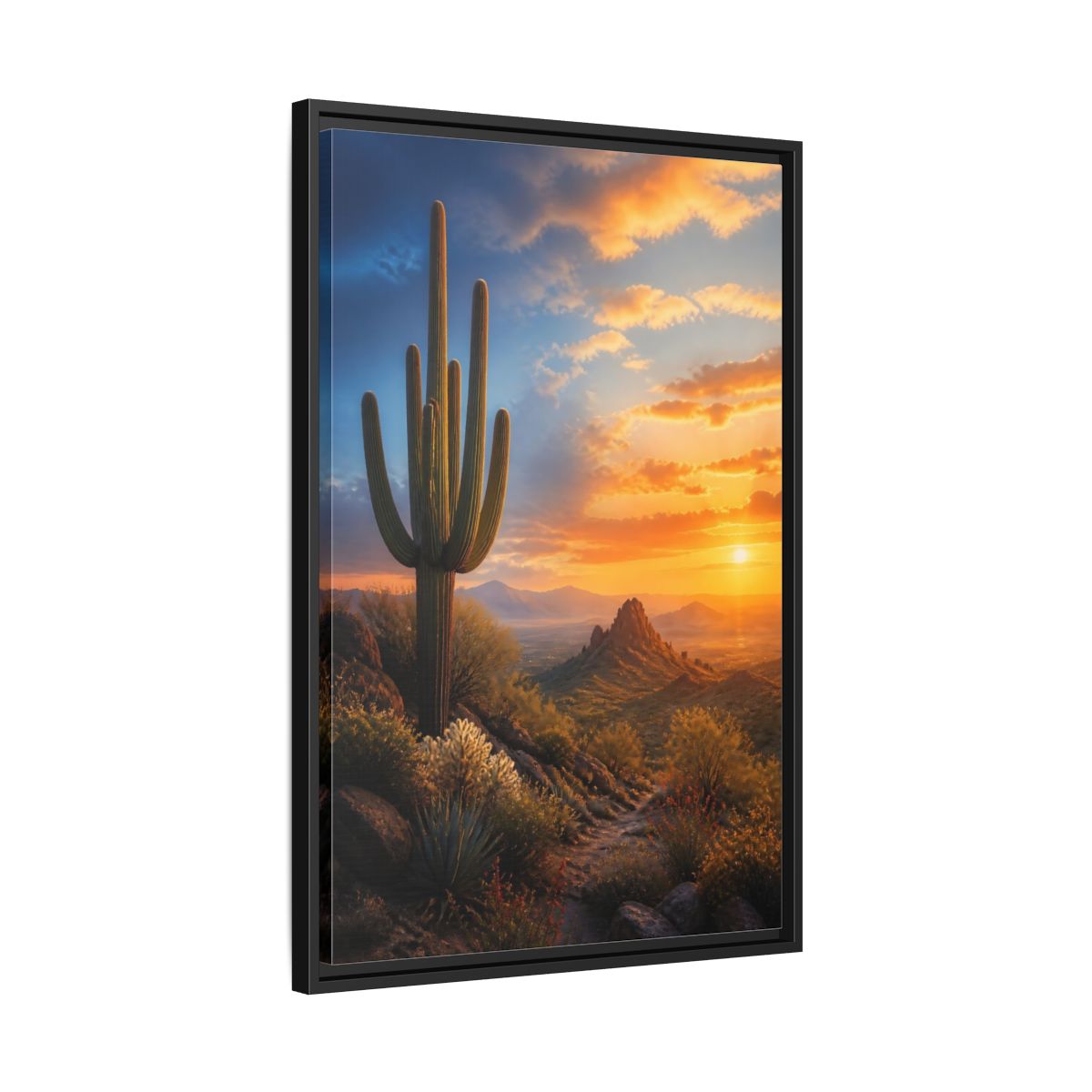 Side Mockup 14. Nature Saguaro Cactus Desert Sunset shown as stretched canvas wall art