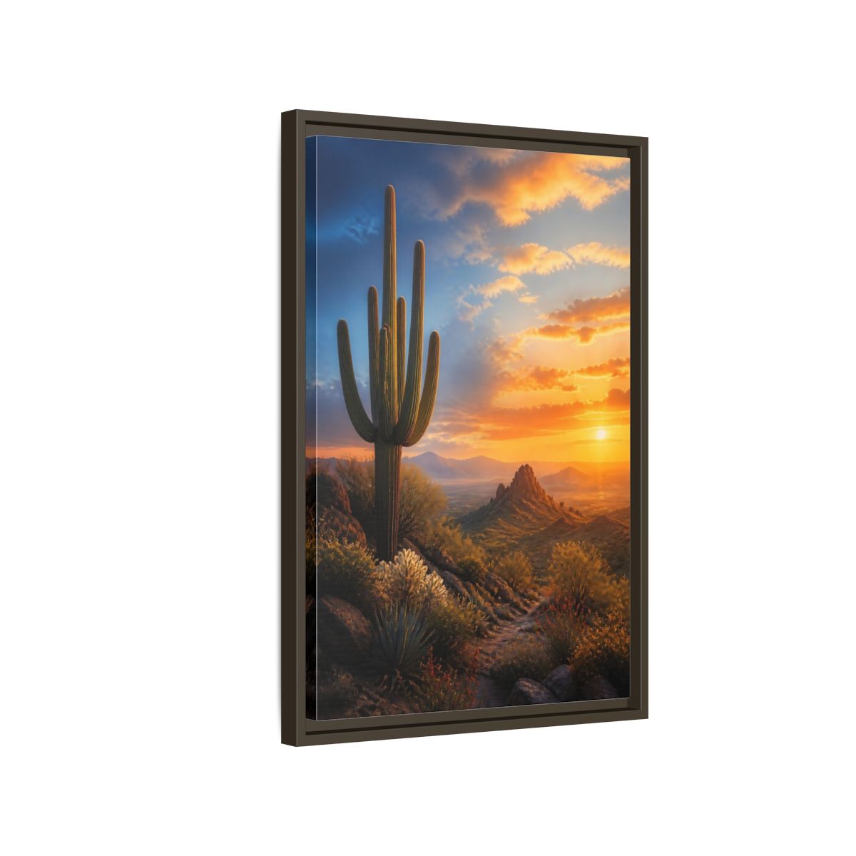 Side Mockup 2. Nature Saguaro Cactus Desert Sunset shown as stretched canvas wall art