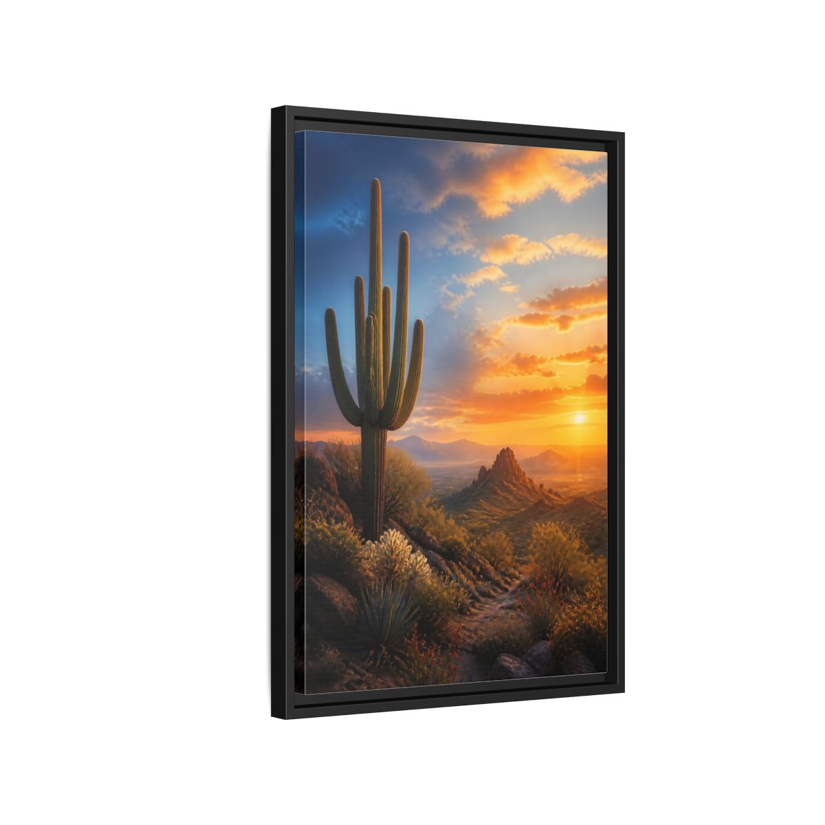 Side Mockup 3. Nature Saguaro Cactus Desert Sunset shown as stretched canvas wall art