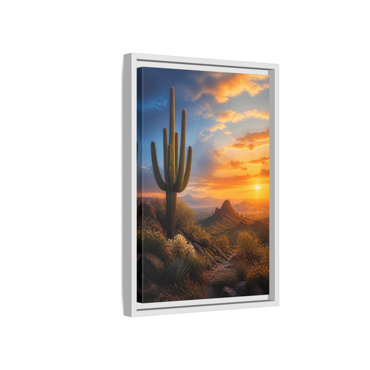 Side Mockup 4. Nature Saguaro Cactus Desert Sunset shown as stretched canvas wall art