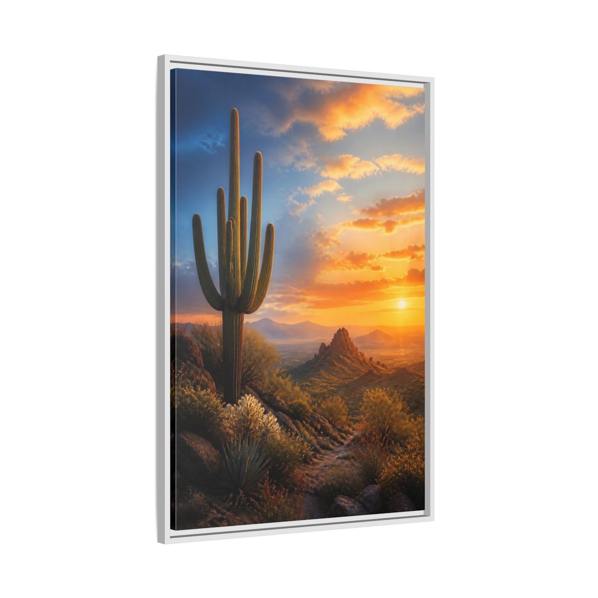 Side Mockup 9. Nature Saguaro Cactus Desert Sunset shown as stretched canvas wall art