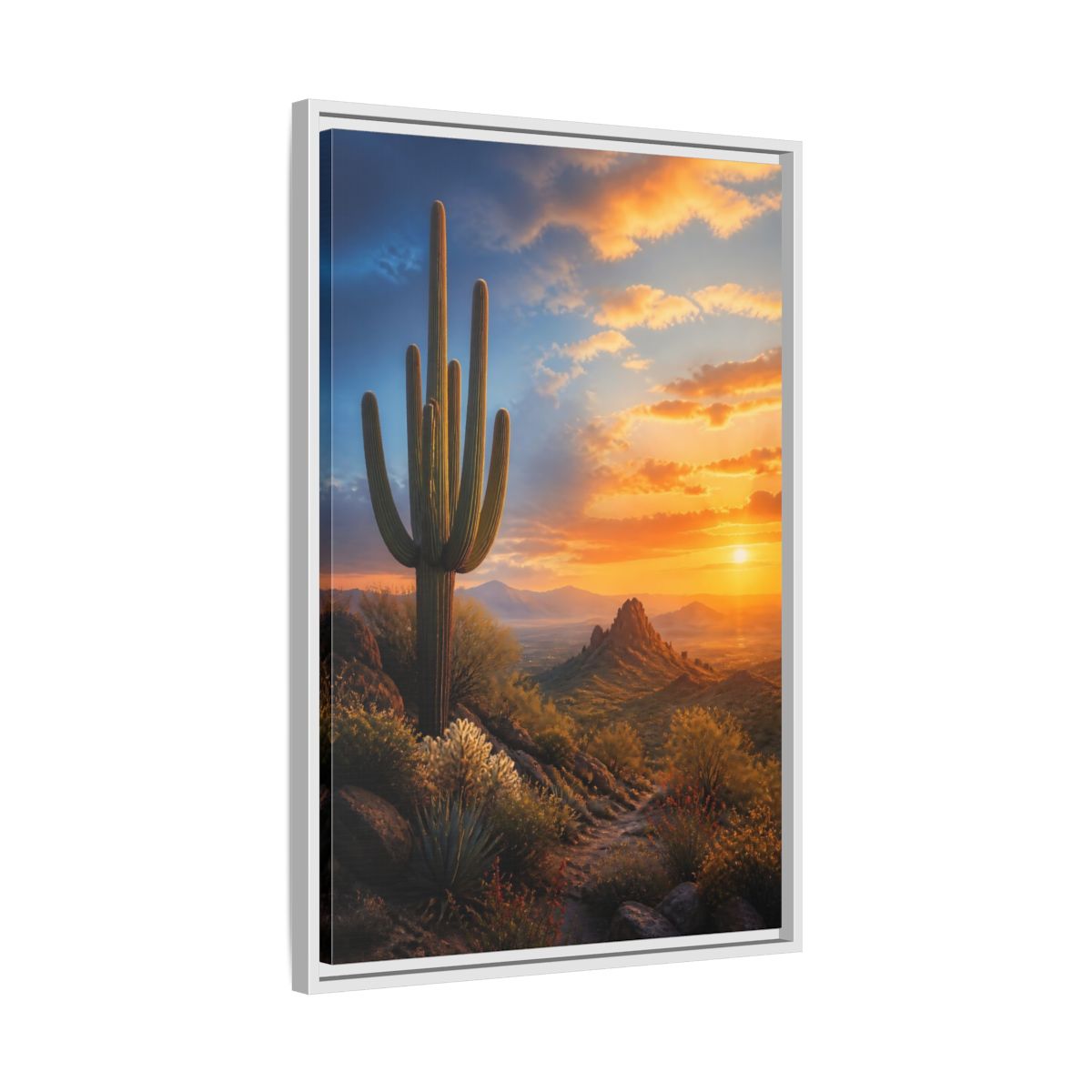 Side Mockup 10. Nature Saguaro Cactus Desert Sunset shown as stretched canvas wall art