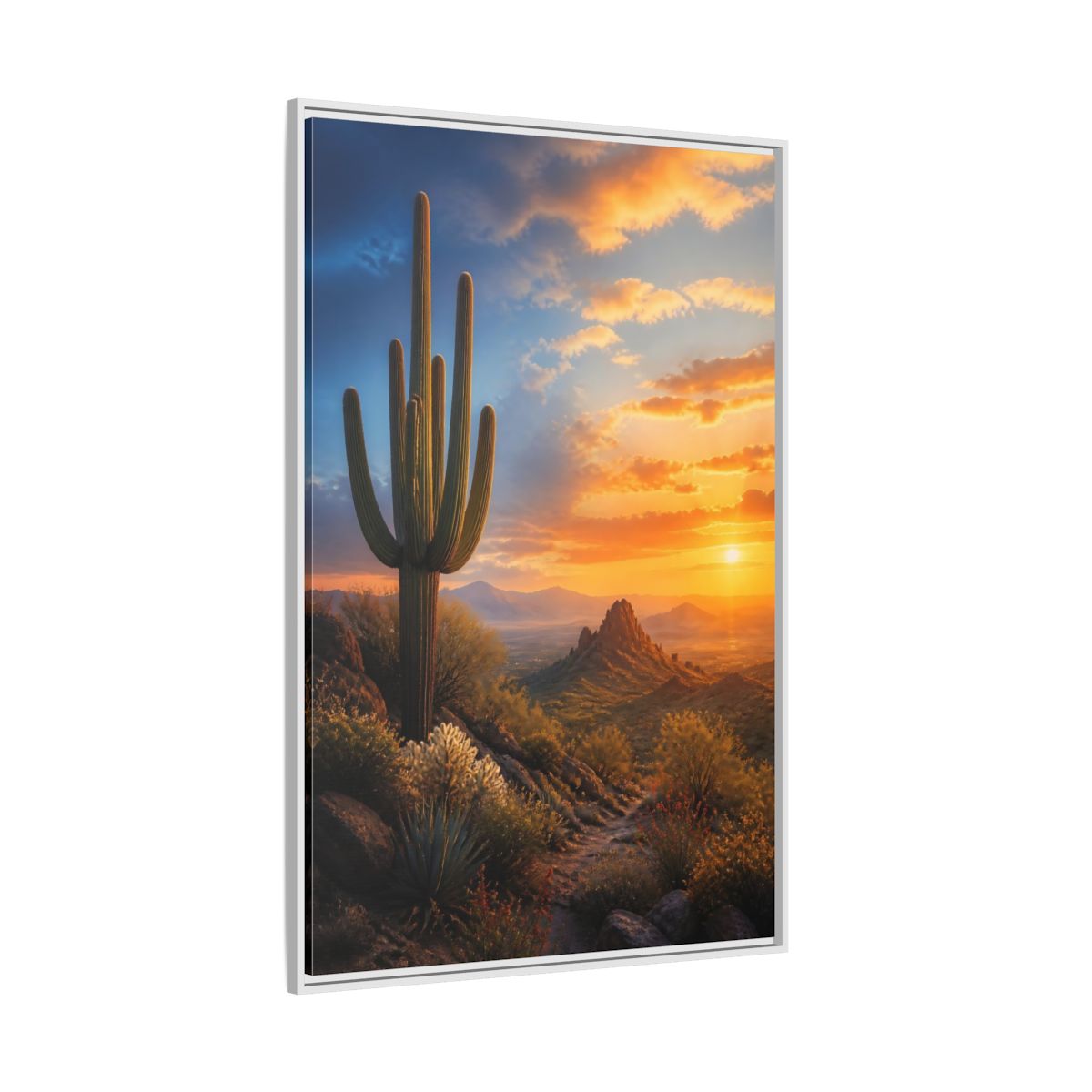 Side Mockup 7. Nature Saguaro Cactus Desert Sunset shown as stretched canvas wall art