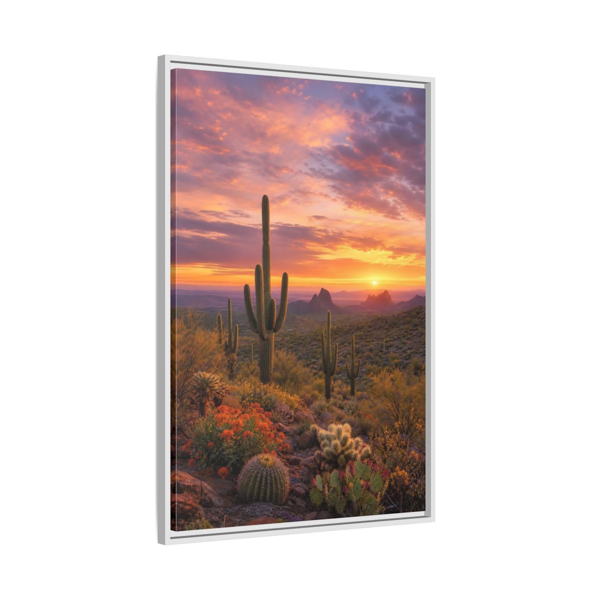Side Mockup 9. Nature Saguaro Cactus Desert Sunset Cactus shown as stretched canvas wall art